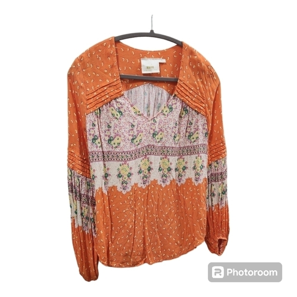 Anthropologie Maeve Ceresco Orange Floral Pleated Peasant Top 🌼 Small  ‎ 💖 - Picture 4 of 11